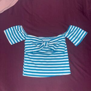 Blue and White Striped Off-Shoulder Top